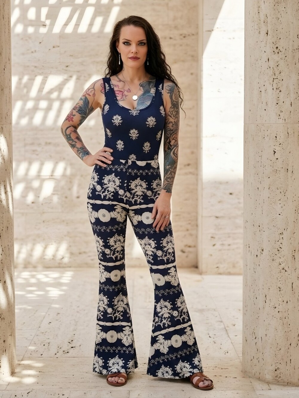 Show Me Your Mumu ✦ Printed Bell Bottom Pants ✦ Navy Blue White Boho Flared XS